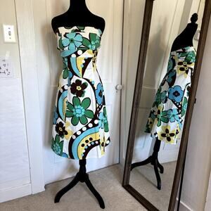 VTG Y2K Strapless Tube Top Floral Dress Teal Brown Yellow White Women's 8